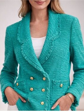 St. John Turquoise Double-Breasted Tweed Blazer with Gold Buttons